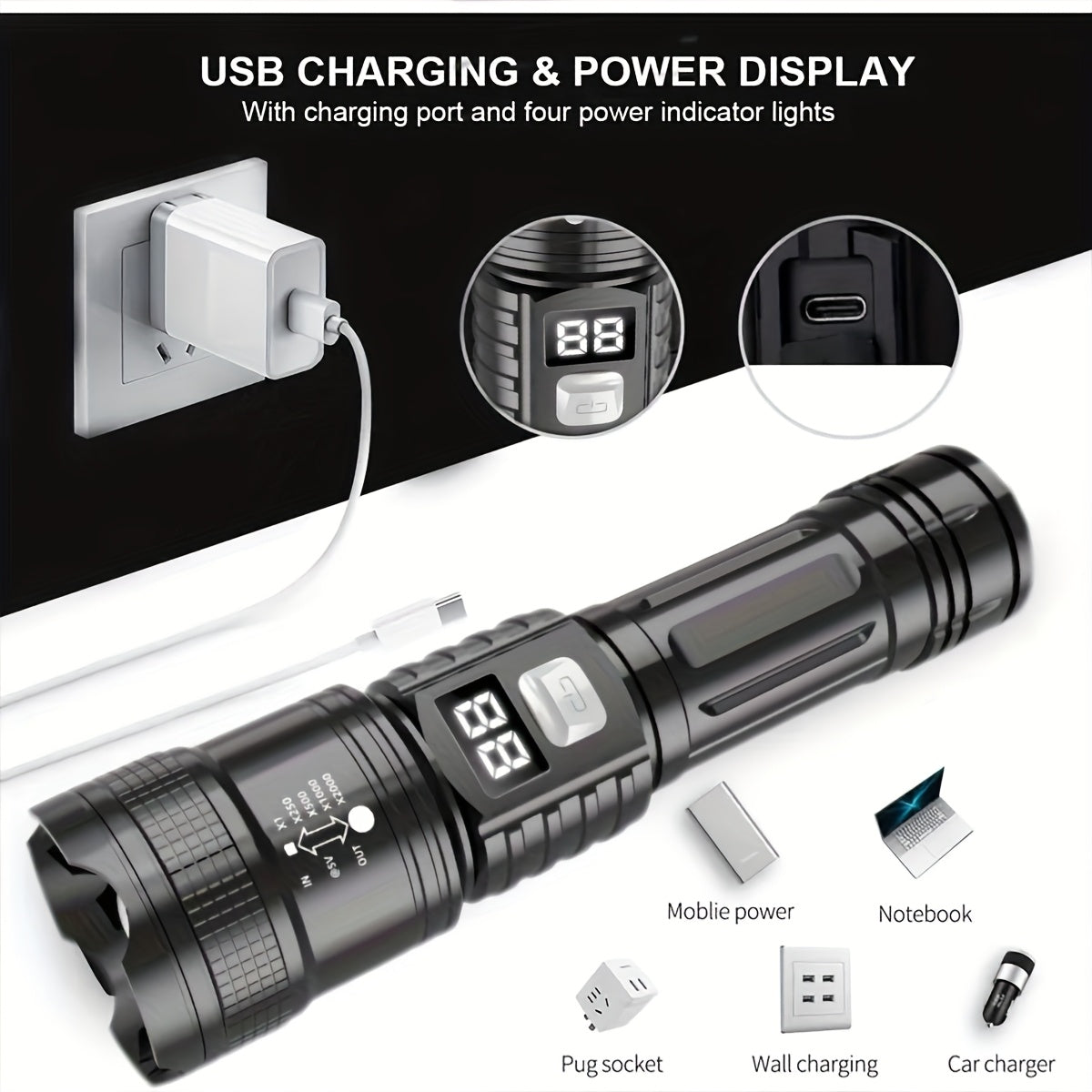 Hunting Gear Torch Rechargeable LED Zoom Flashlight